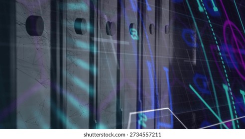 Displaying vertical server rack panels with vent holes in data center, with neon overlays. Cyber, futuristic, metallic, holographic, hud, grid, lines