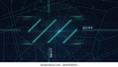 Displaying virtual HUD with teal grid lines, glowing diagonal bars and numeric labels 2044 and 1045. Futuristic, technology, interface, digital, data, neon, cyber - Powered by Shutterstock - Get 15% off with code: PIKWIZARD15