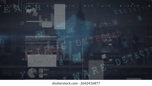 Displaying virus detected alert on cybersecurity dashboard, showing malware detected over hex grid. Digital, analytical, futuristic, technology, data visualization, alert, interface