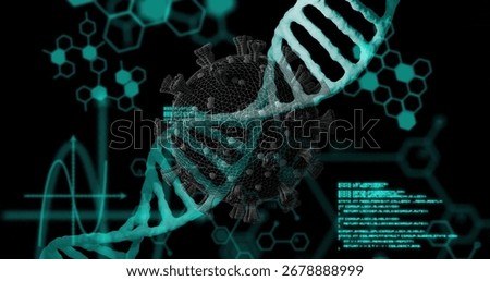 Displaying virus model intersecting teal DNA helix in lab interface with hexagon diagrams and code. Futuristic, molecular, digital, biomedical, technological, abstract, scientific