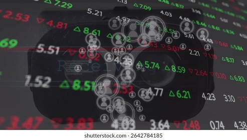 Displaying VR headset with stock tickers green red arrows and user icons in digital interface. Technology, finance, digital, futuristic, data visualization, innovation, cybersecurity