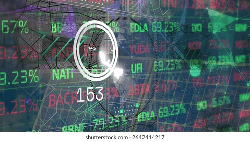 Displaying white circular gauge showing line graph and readout at financial dashboard, with tickers. Dashboard, analytics, technology, network, finance, visualization, data