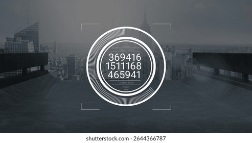 Displaying white circular HUD interface overlaying data rings on rooftop with skyline analysis. Futuristic, urban, technology, data, analytics, digital, minimalistic