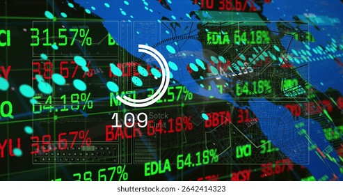 Displaying white circular progress gauge showing 109 Stock label on trading screen, with world map. Finance, technology, digital, analytics, global, data visualization, investment