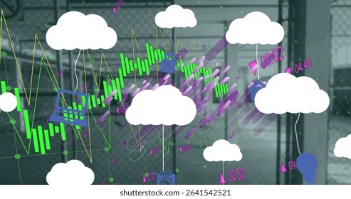 Displaying white cloud icons and neon data charts over industrial yard, with device icons. Abstract, technology, futuristic, visualization, industrial, digital, innovation