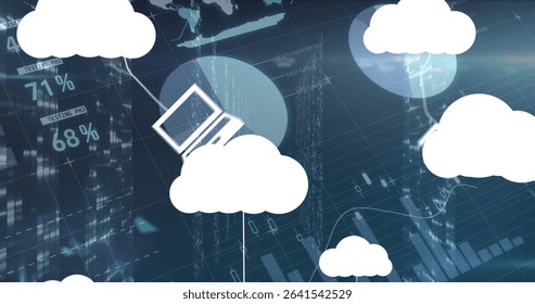 Displaying white cloud with laptop connecting lines in network, with world maps and percent labels. Cloud, technology, network, big data, analytics, digital, connection - Powered by Shutterstock - Get 15% off with code: PIKWIZARD15