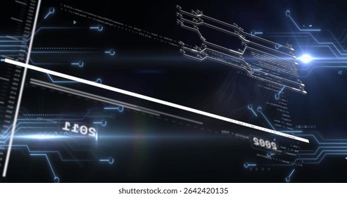 Displaying white diagonal beam flowing across interface, with bright light flare, alphanumeric code. Futuristic, technology, digital, cyber, network, abstract, innovation