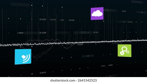 Displaying white dotted waveform spanning dark panel, with icons, dot clusters and numeric labels. Technology, data, analytics, digital, visualization, futuristic, interface
