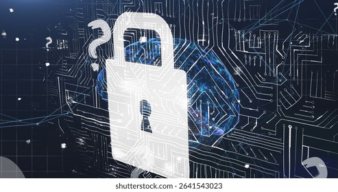 Displaying white padlock icon overlaying neural network in circuitry backdrop, with question marks. Security, encryption, cyber, data, technology, innovation, digital