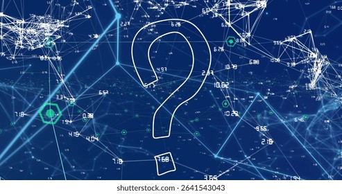 Displaying white question mark in network with lines linking nodes, numbers and green hexagons. Digital, data, technology, visualization, futuristic, cyber, connectivity