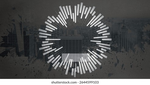 Displaying white radial bar graphic overlaying urban skyline with skyscrapers and splatter textures. Abstract, modern, technology, data visualization, futuristic, corporate, graphic design