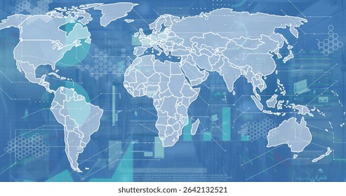 Displaying white world map over server rack interface showing hex grids, bar charts and data points. Geography, analytics, technology, interface, data, innovation, visualization - Powered by Shutterstock - Get 15% off with code: PIKWIZARD15
