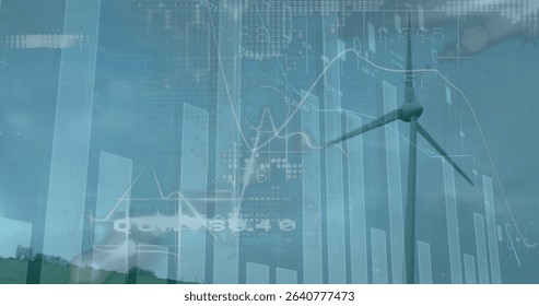 Displaying wind turbine intersecting bar charts and line graphs on grassy hill, with numerical data. Renewable, sustainability, innovation, data visualization, technology, energy, environmental