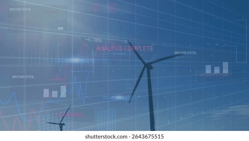 Displaying wind turbine rotating at wind farm under clear sky, with digital graphs and text overlay. Renewable, technology, sustainable, innovation, energy, futuristic, environmental