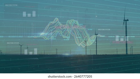 Displaying wind turbine spinning on open plain at sunrise, with digital UI overlays, copy space. Renewable energy, technology, futuristic, sustainability, climate, ecological, innovation