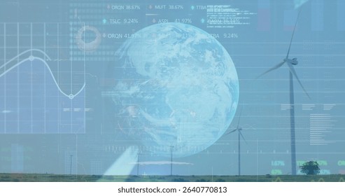 Displaying wind turbines spinning on grassy plain, with digital globe, graphs and data overlays. Renewable, sustainability, innovation, environmental, visualization, technology, energy