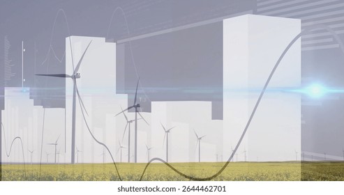 Displaying wind turbines spinning over rural farmland with yellow crops and data graph overlays. Sustainability, innovation, technology, nature, eco-friendly, data visualization, renewable