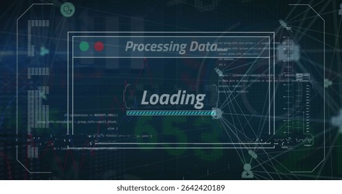 Displaying window labeled Processing Data with loading progress bar on data dashboard, data visuals. Dashboard, data visualization, digital interface, analytics, technology, abstract, futuristic