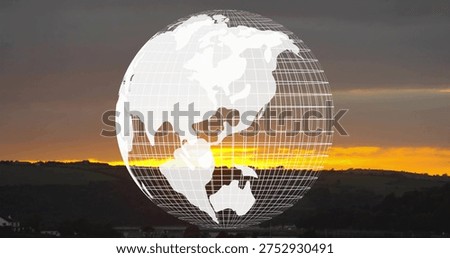 Displaying wireframe globe hovering over sunset hills, showing gold horizon band and silhouettes. Gridlines, latitude, longitude, continents, ridgelines, valley, rural