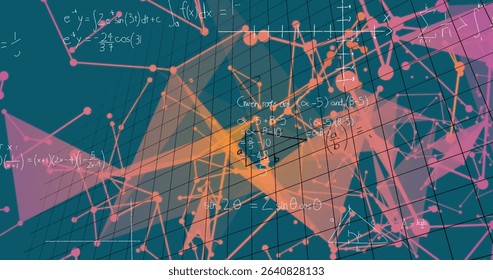 Displaying wireframe grid with neon nodes, connecting lines and math equations in digital space. Futuristic, technological, abstract, digital, visualization, vibrant, innovative