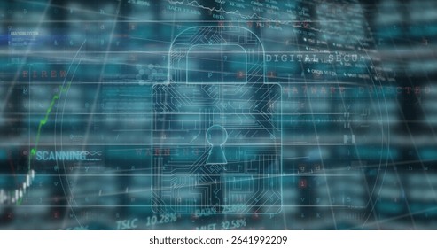 Displaying wireframe padlock icon overlaying dashboard, with code, line graph and status labels. Cybersecurity, encryption, digital, technology, protection, data, network