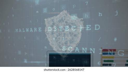 Displaying wireframe shield icon scanning on screen with MALWARE DETECTED and SCANNING text, beads. Cybersecurity, digital, security, technology, protection, data, network - Powered by Shutterstock - Get 15% off with code: PIKWIZARD15