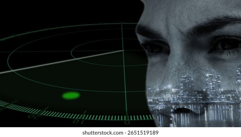 Displaying woman's face with city skyline overlay at radar display, with green blip, copy space. Futuristic, cyberpunk, technology, innovation, facial recognition, digital, urban