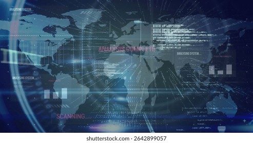 Displaying world map with code overlays, bar charts, gridlines, scanning status labels on monitor. Technology, data visualization, digital, futuristic, interface, analytics, cybersecurity