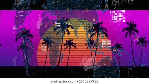 Displaying world map featuring palm trees and sun disk on neon gradient interface with gridlines. Neon, futuristic, abstract, cyberspace, visualization, digital, technology