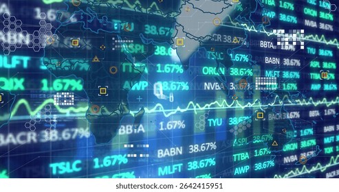 Displaying world map grid fluctuating BBTA TYU tickers and percentage in trading interface. Global, technology, analytics, finance, cybersecurity, digital, business