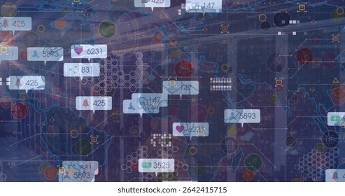 Displaying world map with hex grid and numeric badges across city skyline with social media icons. Futuristic, connectivity, data visualization, technology, urban, digital, network