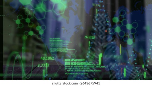Displaying world map and network on office desk, with floating numerical data and candlestick chart. Technology, analytics, data visualization, finance, cybersecurity, modern, digital interface