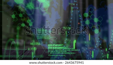 Displaying world map and network on office desk, with floating numerical data and candlestick chart. Technology, analytics, data visualization, finance, cybersecurity, modern, digital interface