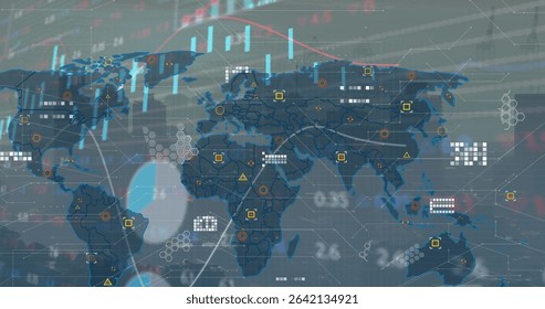 Displaying world map with node links, candlesticks, trend lines and numeric overlays on dashboard. Data visualization, digital interface, global network, statistical analysis, technology, futuristic, - Powered by Shutterstock - Get 15% off with code: PIKWIZARD15
