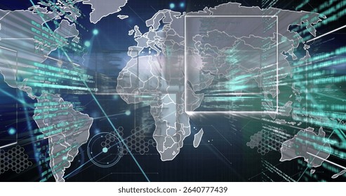 Displaying world map outline floating on blue grid backdrop, with cascading code and info window. Technology, cyberspace, visualization, futuristic, data, analytics, interface