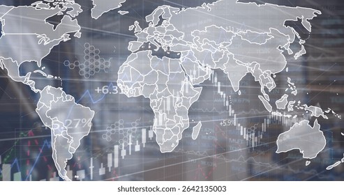 Displaying world map outline over candlestick charts line graph on data dashboard with hexagon grid. Abstract, digital, data, analysis, technology, finance, investment - Powered by Shutterstock - Get 15% off with code: PIKWIZARD15