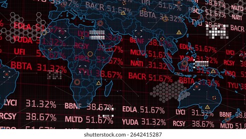 Displaying world map outline showing stock tickers, percentages and hexagon clusters on dashboard. Technology, finance, data visualization, cybersecurity, analytics, digital, dashboard - Powered by Shutterstock - Get 15% off with code: PIKWIZARD15