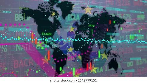 Displaying world map overlaid with colorful data points and bar charts, tickers, arrows on screen. Abstract, data visualization, digital, futuristic, analysis, technology, financial - Powered by Shutterstock - Get 15% off with code: PIKWIZARD15