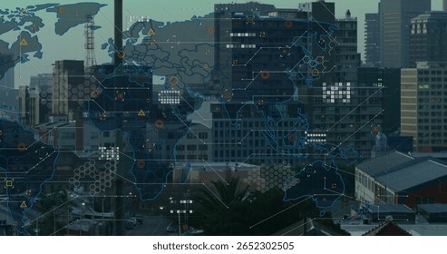 Displaying world map overlay above downtown skyline with circuit lines, data nodes. Urban, technology, connectivity, digital, infrastructure, modern, innovation