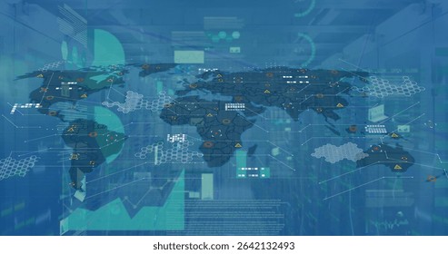 Displaying world map overlay animating within server room, with hexagonal nodes and warning icons. Futuristic, cyber, technology, network, digital, data, connectivity