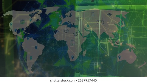 Displaying world map overlay floating over data center racks, with location pins and mail icons. Global, futuristic, technological, network, digital, cyber, innovation