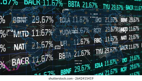 Displaying world map overlay on dark grid interface, glowing ticker symbols and percentage figures. Technology, finance, analytics, visualization, data, digital, investment