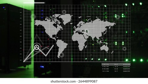 Displaying world map overlay showing markers in data center, with line chart and LED-lit cabinets. Technology, analytics, cybersecurity, visualization, enterprise, innovation, digital
