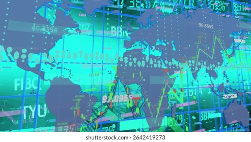 Displaying world map overlaying trading screen, with line charts candlesticks and numeric tickers. Technology, finance, analytics, data visualization, investment, market trend, digital interface