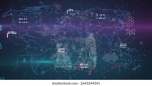 Displaying world map overlaying virtual grid with glowing nodes, circuit lines and numeric overlays. Technology, innovation, abstraction, data visualization, cybersecurity, digital interface, futurism - Powered by Shutterstock - Get 15% off with code: PIKWIZARD15