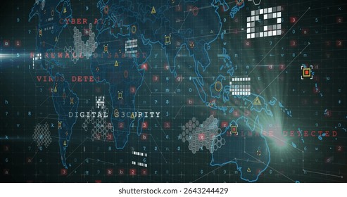 Displaying world map showing threat zones on virtual security interface, with warning icons. Geospatial, analytics, futuristic, digital, technology, network, data - Powered by Shutterstock - Get 15% off with code: PIKWIZARD15