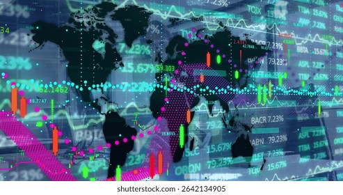 Displaying world map silhouette on trading dashboard with candlestick bars and line graphs. Finance, technology, modern, investment, analytics, digital, data visualization