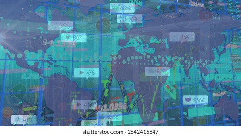 Displaying world map with social media icons, metrics, location pins at office with chart overlays. Geography, technology, innovation, data visualization, corporate, digital, connectivity