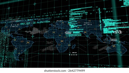 Displaying world map streaming code, connections on grid display, with hex clusters and UI readouts. Futuristic, technology, network, digital, abstract, data, interface - Powered by Shutterstock - Get 15% off with code: PIKWIZARD15