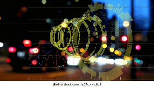 Displaying yellow circular HUD overlaying taillights on urban street at night, with +2.1% red chart. Futuristic, technology, data, interface, urban, night, visualization - Powered by Shutterstock - Get 15% off with code: PIKWIZARD15